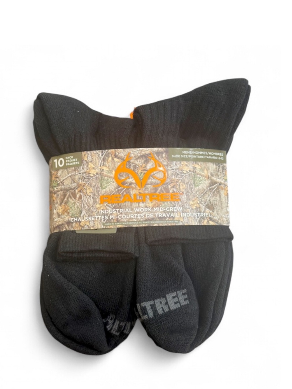 Realtree 10-Pack Industrial Work Black Mid-Crew Socks (NWT)